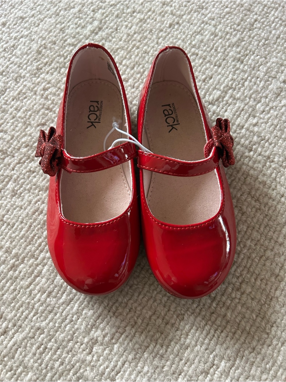 Nordstrom Kids Red Patent Mary Jane Shoes with Glitter Bow Accent